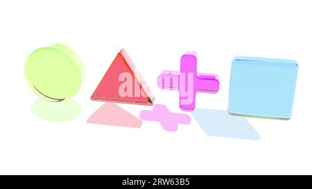 Vier bunte geometrische Formen die Formen sind in einer Linie von links nach rechts angeordnet und werfen Schatten auf den weißen Hintergrund in Pastellfarbe Stockfoto