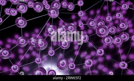 Moleküle mit Linien bewegen sich in Wellen. Design. Biologische Ketten molekularer Bindungen, die sich in Wellen bewegen. Molekulare Kugeln sind durch Linien im Raum verbunden Stockfoto