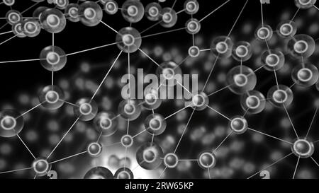 Moleküle mit Linien bewegen sich in Wellen. Design. Biologische Ketten molekularer Bindungen, die sich in Wellen bewegen. Molekulare Kugeln sind durch Linien im Raum verbunden Stockfoto