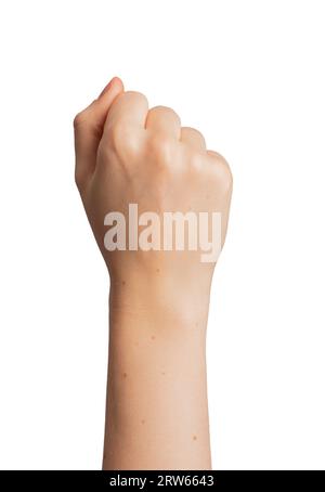 Weibliche Hand hochgezogen, Frauen-Power-Konzept, isoliert auf weiß Stockfoto