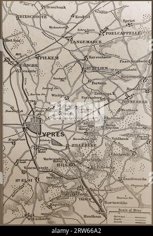 Karte des Ypern-Gebiets und des Internationalen Grabens bekannte Gebiete aus dem Ersten Weltkrieg - Carte de la Première Guerre mondiale de la région d'Ypres et de la Zone connue sous le nom de tranchée internationale Stockfoto