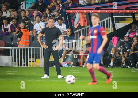 Barcelona, Spanien. September 2023. Cheftrainer Xavi Hernandez (FC Barcelona) während eines La Liga EA Sports Matches zwischen dem FC Barcelona und Real Betis Balompie im Estadi Olímpic Lluis Companys in Barcelona, Spanien am 16. September 2023. (Foto/Felipe Mondino) Credit: CORDON PRESS/Alamy Live News Stockfoto