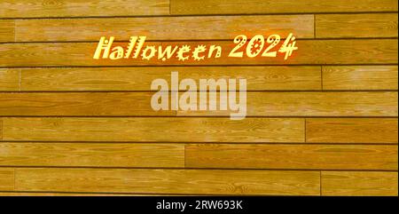 Halloween 2024. Text auf Bartwand. Gute Idee für eine Grußkarte. 3D-Rendering. Stockfoto