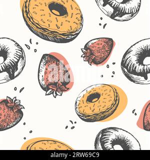 Süßigkeiten und Desserts im Café oder Restaurant. Donuts und Erdbeeren, natürliche und ökologische Erzeugnisse. Leckeres Essen oder Mittagessen. Nahtloses Muster, skizzierte Wallpa Stock Vektor