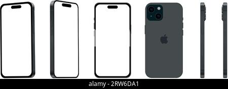 6er-Set aus verschiedenen Blickwinkeln, schwarzes Smartphone Apple iPhone 15, Modell, neu in der IT-Branche, Modell für Webdesign auf weißem Hintergrund - Stock Vektor