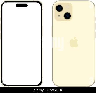 Neues gelbes Apple iPhone 15 Smartphone-Modell, Modellvorlage auf weißem Hintergrund – Vektorillustration Stock Vektor