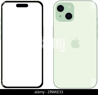 Neues grünes Apple iPhone 15-Smartphone-Modell, Modellvorlage auf weißem Hintergrund – Vektorillustration Stock Vektor