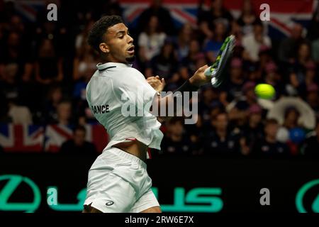 Arthur Fils (FRA) in Aktion) in Aktion gegen Daniel Evans (GBR) während seines Davis-Cup-Spiels Großbritannien gegen Frankreich in der Manchester AO Arena, Manchester, Großbritannien, 17. September 2023 (Foto: Conor Molloy/News Images) Stockfoto