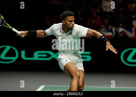 Manchester, Großbritannien. September 2023. Arthur Fils (FRA) in Aktion) in Aktion gegen Daniel Evans (GBR) während seines Davis Cup-Spiels Großbritannien gegen Frankreich in der Manchester AO Arena, Manchester, Großbritannien, 17. September 2023 (Foto: Conor Molloy/News Images) in Manchester, Großbritannien am 17. September 2023. (Foto: Conor Molloy/News Images/SIPA USA) Credit: SIPA USA/Alamy Live News Stockfoto