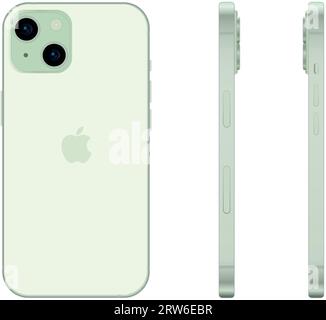 Neues grünes Apple iPhone 15-Smartphone-Modell, Modellvorlage auf weißem Hintergrund – Vektorillustration Stock Vektor