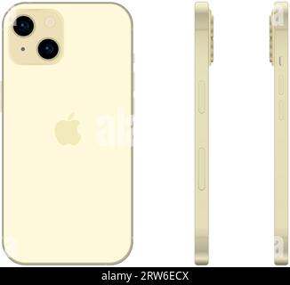 Neues gelbes Apple iPhone 15 Smartphone-Modell, Modellvorlage auf weißem Hintergrund – Vektorillustration Stock Vektor