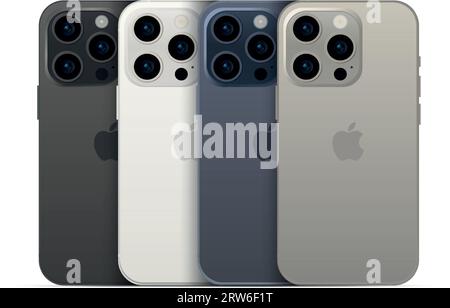 Neues Apple iPhone 15 pro, modernes Smartphone-Gadget, 4-teiliges Set in neuen Originalfarben - Vektor-Illustration Stock Vektor