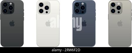 Neues Apple iPhone 15 pro, modernes Smartphone-Gadget, 4-teiliges Set in neuen Originalfarben - Vektor-Illustration Stock Vektor