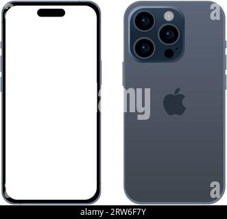 Neues blaues TITANMODELL des Apple iPhone 15 pro Smartphones, Mockup-Vorlage auf weißem Hintergrund - Vektor-Illustration Stock Vektor