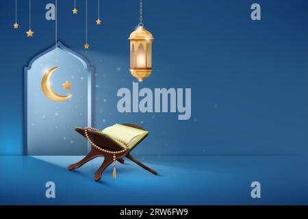 3D Ramadan. Islam Quran Reading. Eid-Mubarak-Banner mit Sternen und Halbmond. Religiöse Grußkarte. Heiliges Buch über Lachen mit Rosenkranz. Bogenfenster. Musl Stock Vektor