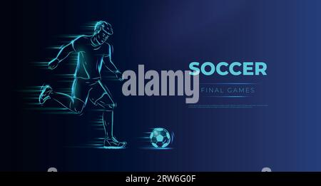 Fußballspieler. Mann, der mit Ball spielt. Leuchtende Neonsportler-Silhouette. Fußballer-Action. Sportwettliga. Fußballspiel. Torschuss in GA Stock Vektor