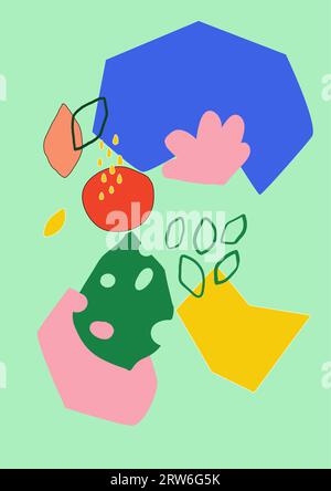 Doodle Shape-Muster. Bunte Blätter und Blumen. Helle geometrische Formen. Moderner, süßer abstrakter Hintergrund. Karte, Banner oder Poster. Soziale Medien Stock Vektor