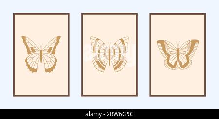 Goldenes Schmetterlingsplakat. Modernes T-Shirt-Motiv, Karte oder Wandplakat, elegantes Tätowierdesign. Goldene fliegende Insekten-Silhouetten. Exotische Motte. Mystische Wirbelsäule Stock Vektor