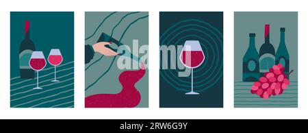 Weinflasche. Glas zum Abendessen, rote Retro-Poster für Restaurant, Vintage-Minimal-Art, Partymenü. Wandbilder oder Getränkekarten. Traubengetränke in Weinglas Stock Vektor