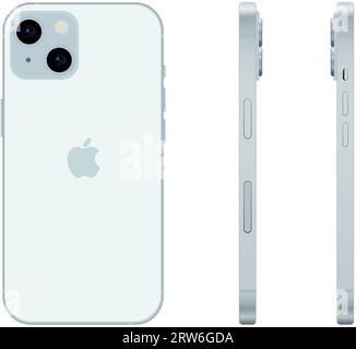Neues blaues Apple iPhone 15-Smartphone-Modell, Modellvorlage auf weißem Hintergrund – Vektorillustration Stock Vektor