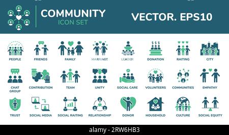 Community-Symbole. Die Menschen unterstützen. Integration und Gerechtigkeit. Sozialfürsorge. Zusammenarbeit im Team. Solide Kultur Vertrauen und Zugehörigkeit. Einfache menschliche Zeichen. Familie Stock Vektor