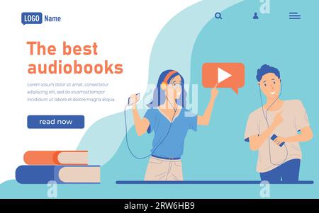 Landing-Page für Hörbücher. Online-Buchhandlung. Menschen mit Smartphones und Headsets. Podcast-Zuhören. Bücher lesen. Glücklicher Mann und Frau mit Kopfhörern. Stock Vektor