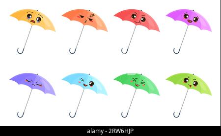 Niedliche Regenschirme setzen Vektorillustration. Karikaturisolierte lustige Gesichter offener Sonnenschirmfiguren in verschiedenen Farben mit verschiedenen Ausdrücken, bunte Baby-Emoji-Sammlung von Herbstaccessoires Stock Vektor