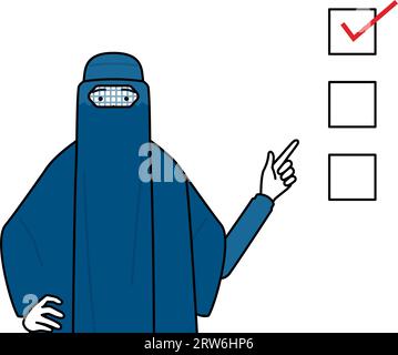 Muslimische Frau in Burka, die auf eine Checkliste zeigt, Vektor-Illustration Stock Vektor