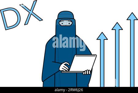 Bild von DX, einer muslimischen Frau in Burka, die ihr Geschäft erfolgreich verbessert hat, Vektor-Illustration Stock Vektor