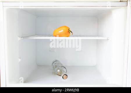 Eine Flasche alkoholisches Getränk und ein Pfeffer sind auf einem Regal im Gefrierschrank, es gibt nichts zu essen, Alkoholismus, sucht Stockfoto