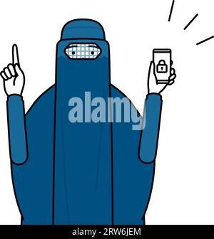 Muslimische Frau in Burka, die Sicherheitsmaßnahmen für ihr Telefon ergreift, Vektor-Illustration Stock Vektor