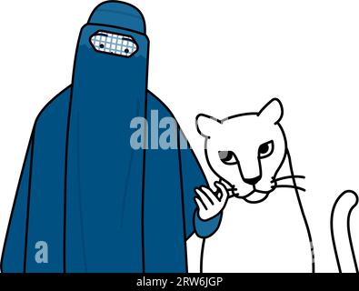 Die muslimische Frau in Burka streichelt eine Löwin, Vektor-Illustration Stock Vektor