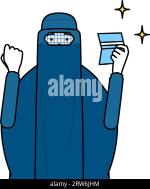 Muslimische Frau in Burka, die sich freut, ein Bankbuch zu sehen, Vektor Illustration Stock Vektor