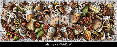 Comic Vector Coffee Doodle Illustration zeigt eine Vielzahl von Coffeehouse-Objekten und -Symbolen. Leuchtende Farben skurriles lustiges Bild. Stock Vektor