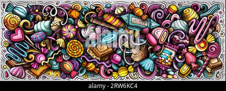 Comic Vector Candies Doodle Illustration zeigt eine Vielzahl von süßen Lebensmitteln Objekte und Symbole. Leuchtende Farben skurriles lustiges Bild. Stock Vektor