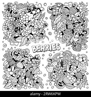 Beeren Cartoon Vektor Doodle Designs Set. Skizzenhafte Detailkompositionen mit vielen Naturnahrungsgegenständen und Symbolen. Stock Vektor