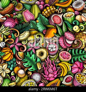 Comic-Vektor-Kritzeleien zum Thema exotische Früchte nahtloses Muster zeigt eine Vielzahl tropischer fruchtiger Objekte und Symbole. Skurril verspielt c Stock Vektor