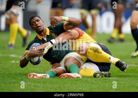 Der Südafrikaner Grant Williams erzielt einen Versuch während des Rugby World Cup 2023, dem Pool B Match im Matmut Atlantique Stadium, Frankreich. Bilddatum: Sonntag, 17. September 2023. Stockfoto