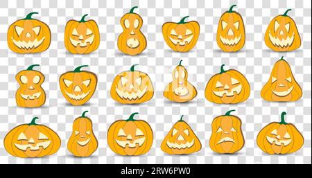 Halloween Kürbislatervektor 18 Icons gesetzt, Emotion Variation. Einfache flache Designelemente. Ein Satz gruseliger Horrorbilder von Silhouette Stock Vektor