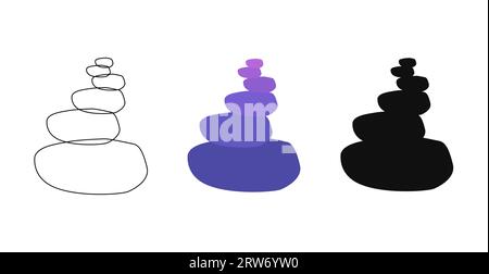 Zen-buddhistische Steine im Stapel. Violett, violett, Silhouette, Kontur. Symbol für Harmonie, Balance. Meditation, Spa-Massage, Entspannung. Steinpyramide. Vektor isoliert auf weiß. Bedruckte Textilien Stock Vektor