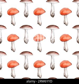 Nahtloses Muster von Champignons in Aquarellfarben. Minimalistisches Herbstmuster für Stoff Stockfoto