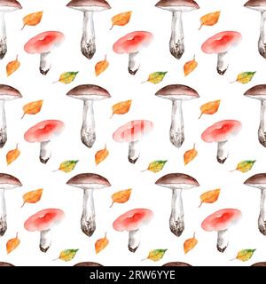 Nahtloses Muster von Champignons in Aquarellfarben. Minimalistisches Herbstmuster für Stoff Stockfoto