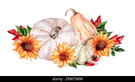 Herbstkomposition mit Kürbis, Sonnenblumen und roten Rosenknospen. Handgezeichnetes Aquarellgemälde isoliert auf weißem Hintergrund Stockfoto