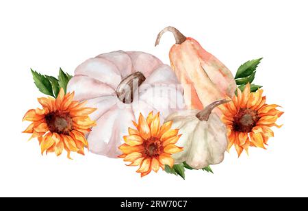 Herbstkomposition mit Kürbissen, Sonnenblumenblüten. Handgezeichnete Aquarellillustration, isoliert auf weißem Hintergrund Stockfoto