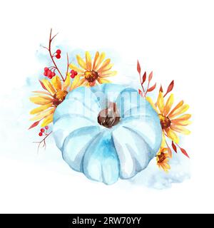 Aquarell Herbstillustration. Blauer Kürbis, gelbe Blüten und Beeren auf weißem Hintergrund. Thanksgiving-Tag. Ernte Stockfoto