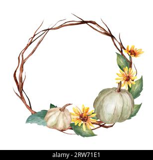 Runder Rahmen in Aquarellfarben für Design. Freier Speicherplatz für Text. Grüner Kürbis, gelbe Blüten und Beeren. Thanksgiving-Tag. Ernte. Einladungsvorlage Stockfoto