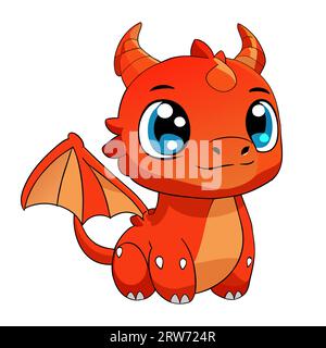 Niedlicher, fröhlicher, rot-orangener Drache, große blaue Augen und Flügel. Der Drache lächelt. Vektor isoliert auf weiß. Cartoon. Chinesischer Neujahrstalisman. Sternzeichen. Aufkleber, Kalender, Print, Emblem, Textil, Schreibwaren Stock Vektor