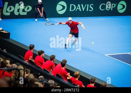 Hasselt, Belgien. September 2023. Der belgische Joris de Loore wurde während eines Tennisspiels zwischen dem belgischen de Loore und Usbekisch Sultanov, dem vierten Spiel der ersten Runde der Davis Cup-Weltgruppe zwischen Belgien und Usbekistan, am Sonntag, den 17. September 2023, in Hasselt in Aktion gezeigt. BELGA FOTO JASPER JACOBS Credit: Belga News Agency/Alamy Live News Stockfoto