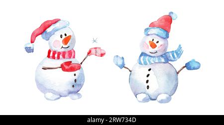 Aquarell frohe Weihnachten Satz von Zeichen snowmans Abbildung. Winterurlaub cartoon isoliert niedlich lustiger Schneemann design Karte. Schnee Urlaub seaso Stockfoto