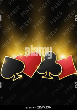 Banner für Poker- oder Casino-Meisterschaften. Poker- oder Casino-Logo mit Anzug-Chips. Schläger, Diamanten, Pik, Herzen auf schwarzem Hintergrund. Vektor il Stock Vektor